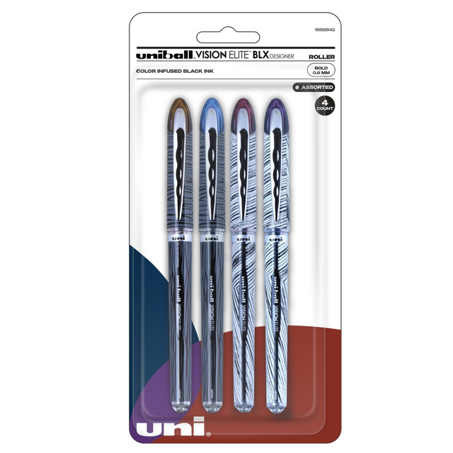 Offering consistent, free-flowing ink for fluid writing, the uni-ball Vision Elite pens help you tackle daily note taking without hassle. The gel pens with 0.8 mm points deliver strong, easy-to-read lines, so your reminders donT get lost in the shuffle.  Delivers consistent, free-flowing ink for fluid writing.  Rollerball pen barrel features graphic details.  Airplane-safe writing pen resists leaks or explosions during in-flight cabin-pressure changes.  uni-flow ink system provides consistent smoothness and color intensity.  uni Super Ink helps prevent check and document fraud.  Pocket clip on the cap for easy attachment to notebooks and more.  Designer series, black rollerball ink pen set is great for home, class or the office.