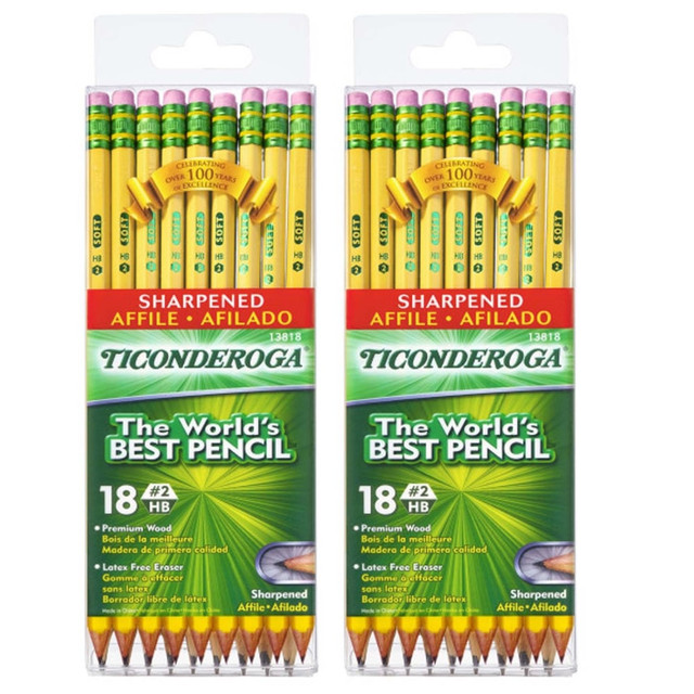 Stock your desk with these Ticonderoga Presharpened Pencils and take notes, doodle and more. The pencils offer graphite cores that deliver smooth lines and come with latex-free erasers to help remove unwanted marks.  Made of premium wood to help prevent breakage and allow even sharpening.  Graphite core helps provide a smooth writing experience.  Latex-free eraser to make corrections without smudging.  Presharpened and ready for use.  Comes with a total of 36 pencils.