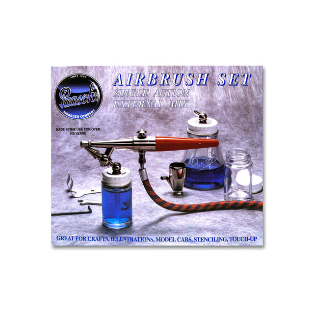 Designed for beginner hobbyists  Adjustment parts allow you to use multiple paint types. Light-fluid H#1 components spray between 1/32in - 1in, medium-fluid H#3 components spray between 1/32in - 1 1/4in spray and heavy-fluid H#5 components spray between 1/16in - 1 1/2in.  Recommended air pressure: 0.5 - 1 CFM at 20 - 45 lb. Depends on the tip size and type of fluid being sprayed.  Siphon-feed airbrush features an external mix design.  22 Airbrush Lessons booklet provides guided instruction.  Parts list helps you keep track of all you airbrushs pieces.  Set includes a Model H#1L single-action airbrush, an H-1/4 ounce metal color cup, an H-1 oz color bottle assembly, an H-3 oz color bottle assembly, an H-99 & H-191 1 oz storage bottle and cap, 1 each H-3 and H-5 color adjusting parts, 1 each HC-3 and HC-5 air caps, a V-62 wrench, an F-186 wrench, an A-34 hanger and an A-1/8in x 6ft air hose.