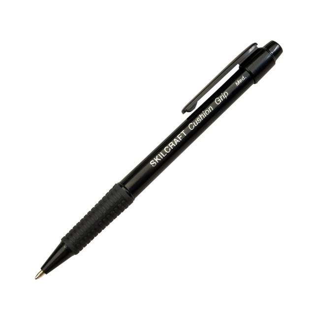 Using cushion grip pens in the workplace or classroom helps you prevent hand fatigue during long bouts of writing. These AbilityOne pens are retractable to lower the risk of stray ink on your paperwork or clothing.  Medium point delivers bold marks.  Color-coded to help you check the ink color at a glance.  SKILCRAFT retractable pens are refillable when needed.  Refillable - designed to be used repeatedly, helping you avoid single-use disposables and potentially save money.
