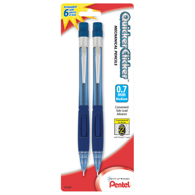 Write without stopping using these Pentel QUICK CLICK mechanical pencils. A quick-click side-advance button advances the lead for uninterrupted use, while the extra-long eraser takes care of mistakes. With a clear barrel design, these pencils make it easy to monitor your lead level. These Pentel QUICK CLICK mechanical pencils are preloaded with Pentel Super Hi-Polymer HB lead for immediate use.  HB Super Hi-Polymer HB lead delivers bold strokes.  QUICK CLICK instant advancement eliminates interruptions.  Latex-free grip for comfort.  Built-in extra-long eraser for mistakes.  0.7mm lead tip.  Translucent blue barrels.  Pack of 2 mechanical pencils.  Refillable - designed to be used repeatedly, helping you avoid single-use disposables and potentially save money.