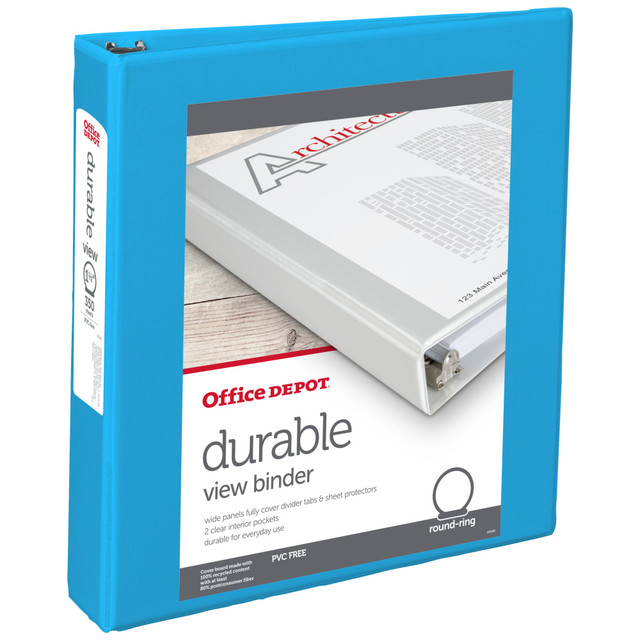 Great for homework assignments and office records, this Office Depot durable view round-ring binder helps keep important papers together. Add a label to the covers and spine to ensure the binder can easily be identified when you need it most.  Crafted with PVC-free, nonstick polypropylene covers.  Customizable design lets you personalize the front, back and spine.  2 pockets on the inside provide space to stash loose sheets of paper.  Cover board made from 100% recycled fiber with at least 80% post-consumer fiber.  Contains Recycled Content - See Specs for Details.