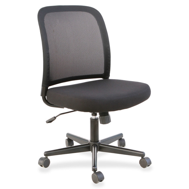 Experience plush comfort on the job with this black Lorell armless mesh task chair. The breathable mesh back enhances air circulation, keeping your upper body cool, while the thick cushion on the seat provides comfort. A tilt tension adjustment knob allows reclining for a personalized angle. This Lorell armless mesh task chair has a height-adjustable design for effortless lifting and lowering of the seat.  Fabric seat upholstery offers durability and easy maintenance.  Cushioned seat and mesh back provide comfort.  Height-adjustable design allows custom positioning.  Tilt tension control knob lets you set recline angles easily.  Backed by a limited 3-year manufacturers warranty.  Tested to meet ANSI/BIFMA Performance Standards - Manufacturer testing has been conducted on this product to meet specific performance requirements and safety standards set forth by the American National Standards Institute (ANSI) and the Business and Institutional Furniture Manufacturers.
