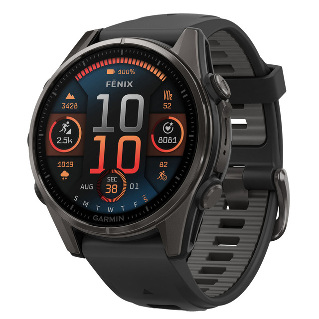 Comfortably track your health and wellness 24/7 with this Garmin fenix 8 AMOLED Multisport GPS Watch With Silicone Band And 43mm Lens. The watch is lightweight and durable enough for daily activity like running, swimming and more. It uses your wrist-based heart rate, advanced sleep monitoring, respiration tracking, Pulse Ox and more to keep you updated on your health.  Bright 1.3in AMOLED display.  Durable stainless steel bezel.  Equipped with an LED flashlight.  Comfortable silicone band.  Thermal and shock resistant to MIL-STD 81.  Metal sensor guard protects sensors from damage.  Offers targeted strength training plans, real-time stamina tracking, sport-specific workouts and built-in sports apps.  Training readiness score is based on your sleep quality, recovery, training load and HRV status.  Built-in speaker and microphone for calls and voice assistant.  Off-grid voice command feature lets you select controls without a smartphone connection.  Navigate with the multi-band GPS with SatIQ technology.  Built-in sensors for a 3-axis compass, gyroscope and a barometric altimeter.  Dynamic round-trip routing directs you based on your target distance.  Receive turn-by-turn directions.  Dive rated for 131ft.  Leakproof metal buttons for underwater use.  Wellness monitoring with your wrist-based heart rate, advanced sleep monitoring, respiration tracking, Pulse Ox and more.  ECG app can record your heart rhythm and check for signs of atrial fibrillation.  Features built-in golf course and ski resort maps worldwide.  Download TopoActive maps for new adventures.  Connect with a compatible smartphone to receive smart notifications.  Enable music storage, Garmin Pay and more.  Battery performance up to 10 days in smartwatch mode.  Up to 28 hours of battery life in GPS mode.  Includes a charging cable and documentation.  Backed by the manufacturers 1-year limited warranty.