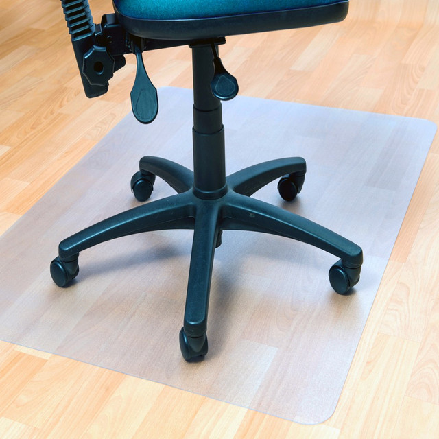 Use the Floortex Ecotex BioPVC Chair Mat For Hard Floor in your workspace for floor protection. This mat is made from Marvec BioPVC that won't crack or chip. It creates an ergonomic easy glide surface for smooth movement of your caster-based chair.  Manufactured from Marvec BioPVC that provides long-term protection for your floor.  Creates an ergonomic easy glide surface for smooth movement of caster based chairs.  Won't crack, chip, break or shatter under normal use.  Clear design allows your flooring to shine through.  Straight edges.  Smooth back for use on all types of hard floors.  Design is 100% free of harmful DIDP Phthalate content, tin, lead, cadmium and BPA.  Measures 53inL x 45inW.  GREENGUARD Gold certified  - certified for low chemical emissions: UL.COM/GG - UL 2818. Ranked in two tiers: Certified and Gold.  Less harsh chemicals - made with fewer harsh chemicals, or safer chemicals than typical alternatives, helping  reduce your use of and exposure to substances that may be more harmful to your health and the environment.
