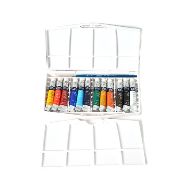 Create a work of watercolor art wherever you are.  Allows field and studio painting for versatility.  3 large-area mixing surfaces let you mix and match colors with ease.  Includes 12 tubes of paint, a Cotman Series 111 No. 3 paint brush, a clip-on palette, a removable internal palette and a large lid palette.