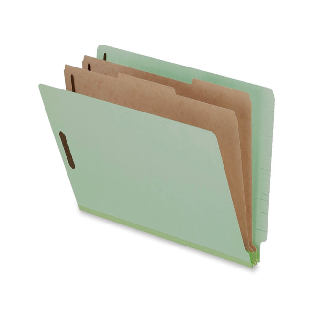 Pendaflex pressboard classification folders allow you to have a detailed sorting system, breaking up 2 dividers with a total of 6 sections. Each divider holds up to a 1in capacity of forms, files and documents and features a fastener to secure papers in place.  Built-in dividers for further sorting. 2 dividers offer 6-section filing for secure organization.  25-pt pressboard offers protection to documents. 17-pt kraft dividers clearly separate files.  Features embossed fasteners with 2in capacity are in #1 and #3 positions.  1in capacity dividers have a fastener in #1 position.  2in, reinforced Tyvek gussets offer increased durability to prevent ripping and tearing.  Letter-size (8 1/2in x 11in) folders with 2 dividers and 6 partitions and a 2/3-cut design for easy organization.  Light green classification folders come in a pack of 10.  Contains Recycled Content - See Specs for Details.