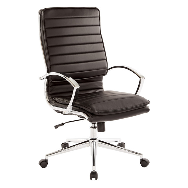 An eye-catching chair can serve as a central part of your offices decor. This high-back chair adds a stylish, professional look to your room while also helping to keep you comfortable during a long day.  Overall Dimensions: 45 1/2inH x 23 1/2inW x 25 1/4inD.  Weight capacity tested to support 250 lb.  Lumbar feature supports your lower back and enhances the natural curve of your spine.  Thick, contoured seat helps keep you feeling relaxed as you work throughout the day.  Bonded leather upholstery provides a professional appearance and soft, touchable feel.  Pneumatic adjustment helps you find just the right sitting height.  Locking tilt control and adjustable tilt tension allows you to lean back and relax.  Loop arms have removable matching sleeves for an eye-catching accent.  Sturdy base features dual-wheel carpet casters for easy movement around the room.  Assembly required.  Tested to meet ANSI/BIFMA Performance Standards - Manufacturer testing has been conducted on this product to meet specific performance requirements and safety standards set forth by the American National Standards Institute (ANSI) and the Business and Institutional Furniture Manufacturers.