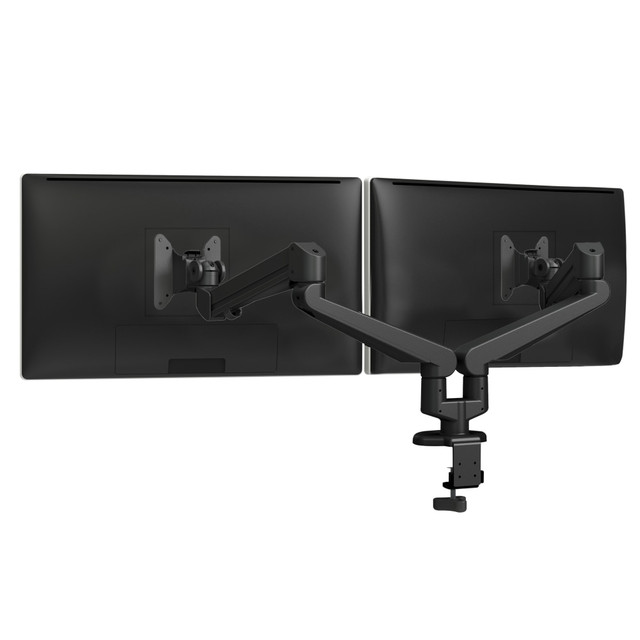 Mount your monitor with the Fellowes Edge 2 Dual Adjustable Monitor Arm For Monitors Up To 17.6 Lb. The height can be adjusted at the touch of a finger, and the aluminum construction offers durability.  Finger-touch height adjustment.  VESA 75mm/100mm quick release.  180 deg. lock-out.  Meets BIFMA x5.5.  Made of durable aluminum, steel and plastic.  Includes desk clamp and grommet mount.  Backed by the manufacturer's limited lifetime warranty.  This product is heavy and/or oversized and may need more than one person to handle.