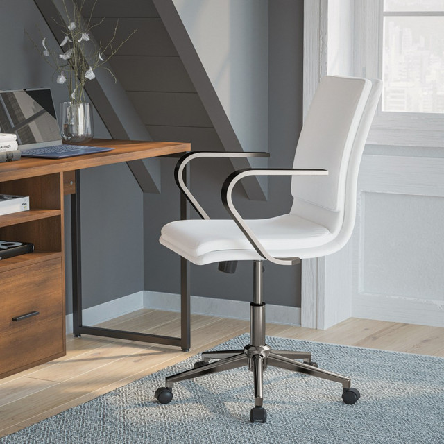 Update the look of your office space with a Flash Furniture James Faux Leather Mid-Back Designer Executive Upholstered Office Chair. Adjust the height and tilt of your seat to find the most comfortable position during your workday. This executive office chair boasts a plush padded seat for ample support.  Recommended for performance use 6-8 hours per day.  Weight capacity tested to support 300 lb.  Overall Dimensions: 40-1/2inH x 26-1/4inW x 26-1/4inD.  Solid wood seat with plush foam padding.  Adjustable office chair raises and lowers in height.  Includes a tilt tension knob.  Dynamic 360 deg. swivel.  Stable curved arms.  Boasts a 5-star base with dual-wheel casters.  Assembly required.  Faux Leather is a synthetic material. See specs for details.