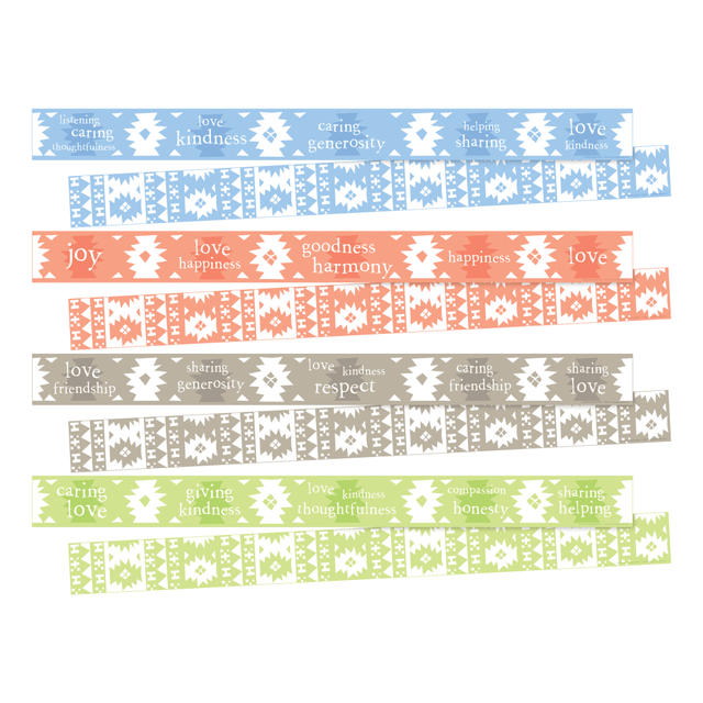 Add these card stock trimmers to your bulletin board or around your door frames to create an engaging educational space. The double-sided pieces measure 3in x 35in each, helping you make a total of 140ft of border.  4 unique designs come together for an exciting look.  Card stock offers quality construction.  Double sided to help offer new looks.  Each piece measures 3in x 35in, creating 140ft of border.