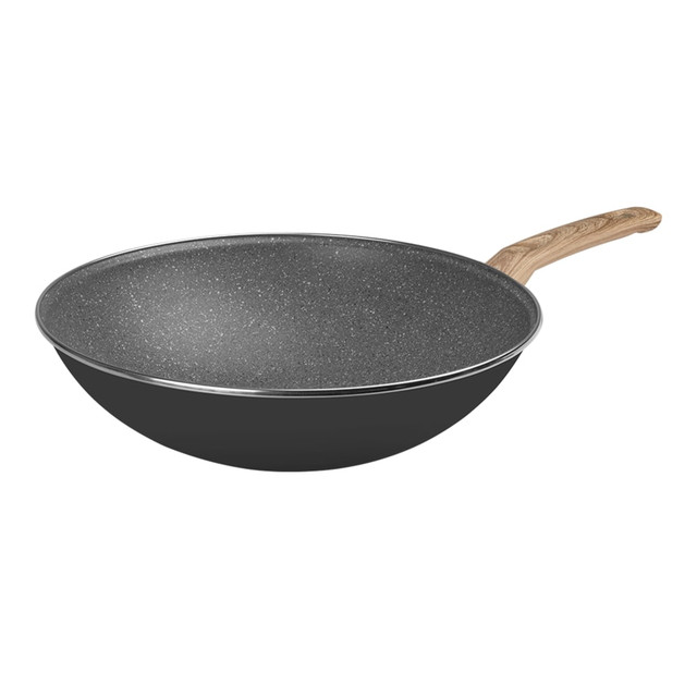 Make restaurant-quality stir-fries at home with a Vasconia Enamel-On-Steel Nonstick Wok. Its nonstick surface is constructed with a shallow shape and curved sides to efficiently mix contents and help prevent splattering.  Wide, shallow shape with curved sides is ideal for stir-frying, sauteing and deep frying.  Use soft-touch wood-look handle to safely maneuver the wok.  Nonstick surface allows for easy cleanups.  Compatible with all cooktops for versatility.  Includes 1 Gray Wok.