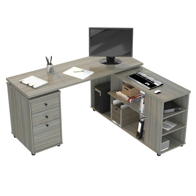Focus on your workflow with everything you need at the Inval America 60inW L-Shaped Work Center. Theres plenty of space on the L-shaped worksurface for your monitor, keyboard and desk accessories, and you can use the shelves to keep your CPU, printer and other essentials neatly tucked away. The file drawer makes it easy to keep important documents organized, and the accessory drawers help you keep extra notepads, pens and other office supplies from cluttering your workspace. With its durable melamine finish, this desk is meant to last for years to come.  Melamine finish is stain, heat and scratch resistant.  Spacious L-shaped worksurface.  Open shelving.  File drawer with full-extension metal drawer glides accepts letter- or legal-size files.  2 accessory drawers.  Assembles in a left or right configuration to suit your setup.  Medium desk (49in to 60in wide) - recommended for a home or professional office space.  Assembly required.  Tested to meet ANSI/BIFMA Performance Standards - Manufacturer testing has been conducted on this product to meet specific performance requirements and safety standards set forth by the American National Standards Institute (ANSI) and the Business and Institutional Furniture Manufacturers.  This product is heavy and/or oversized and may need more than one person to handle.