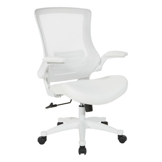 Bring professional aesthetics and everyday comfort to your workspace with the Office Star Work Smart Faux Leather Screen-Back Manager Chair. Moving from task to task feels effortless with a rolling, swiveling seat and flip-up arm rests, and everyday strains are kept at a minimum thanks to built-in lumbar support and a waterfall-style cushion. Thanks to the faux leather upholstery, this desk chair offers a look that mirrors the sleek, modern appearance of your office.  Weight capacity tested to support 250 lb.  Screen backrest with lumbar support.  Faux leather seat with waterfall cushion.  Swiveling seat with height adjustment.  Padded, flip-up arm rests.  Rolling base.  Assembly required.  Faux Leather is a synthetic material. See specs for details.
