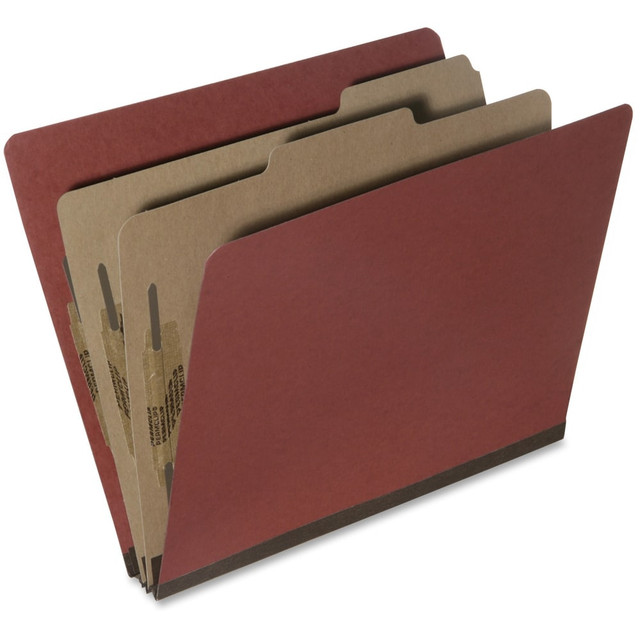 Made of heavy-duty 25-pt pressboard, these folders are the perfect solution for storing thicker materials. They are versatile and easy to use in nearly any office setting.  Pressboard classification folder has 17-pt Kraft dividers and metal fasteners.  Includes an earth red classification folder.  Enjoy an AbilityOne classification folder for all your paper storage needs.  Contains Recycled Content - See Specs for Details.