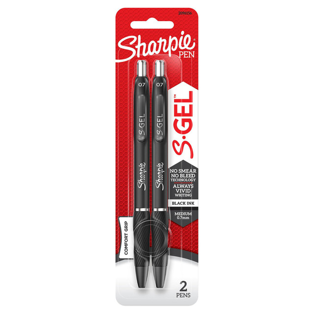 Experience a high-performance gel pen with the Sharpie S-Gel. With no smear, no bleed technology, this Sharpie pen delivers an exceptional writing experience. The gel ink pen features intensely bold colors for always vivid writing, while the contoured rubber grip provides you a comfortable writing experience during any writing task.  Gel pen with no smear, no bleed technology  Intensely bold gel ink colors offer always vivid writing  Contoured rubber grip for a comfortable writing experience  Medium Point (0.7mm)  Includes 2 black gel ink pens  Refillable - designed to be used repeatedly, helping you avoid single-use disposables and potentially save money.