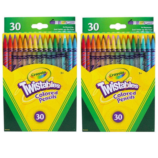 Twist, draw and repeat with the Crayola Twistables Colored Pencils. The unique twisting design ensures the pencil tips are always sharp when you need them, and the clear plastic barrel helps keep the pencils safe from accidental breakage.  Plastic barrels help keep pencils safe.  Clear barrels let you know how much color is left.  Twisting design ensures pencil tips remain sharp.  Twist down to preserve tips when packed away.  Each pack contains 30 colored pencils for a total of 60 colored pencils.