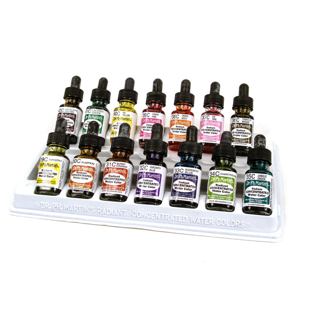 Dropper stopper bottles allow easy application  Designed for work thats intended to be reproduced, such as cartooning, illustration and graphic arts.  Use with a brush, pen or airbrush on paper, illustration boards or silk with additives.  0.5-ounce (15 mL) convenient dropper stopper bottles for easy use.  Set of 14 includes antelope brown, burnt orange, calypso green, chartreuse, hyacinth blue, ice pink, ice yellow, jungle green, Norway blue, pumpkin, tapestry, tobacco brown, tropical gold and tropical pink.  Conforms to ASTM d-4236.