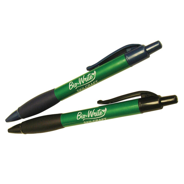 Retractable ballpoint pen is made using corn starch-based Bio-Plastic that leaves no chemical residue in commercial composting facilities. Bio-based barrel reduces the use of petroleum as well as producing less waste than traditional pens. Latex-free rubber grip provides added writing comfort. Ballpoint pen meets ASTM D6400-99 Standards. Accent color identifies color of ink. Pen is refillable.  Ballpoint pen made using cornstarch-based Bio-Plastic  Features latex-free, rubber barrel and grip for writing comfort  Accent color matches ink color  Ink is permanent, long-lasting, airplane-safe and highly reliable  Refillable; retractable; medium point; Black ink  Barrel is made of latex-free rubber. Accent color identifies the ink color.  Eco-conscious choice - has one or more meaningful eco-attributes or eco-labels.  Comes in a Bio-Write medium-point pens black 12-pack.  BPI Certified Compostable - certified by the Biodegradable Products Institute (BPI) to be compostable in commercial compost facilities (where facilities exist).  Conforms to ASTM D6400 standards. For detailed information see www.astm.org.  Product Content Contains Compostable Material - made from materials that can quickly break down in commercial composting facilities (where facilities exist), to help reduce waste while creating usable organic matter.  Refillable - designed to be used repeatedly, helping you avoid single-use disposables and potentially save money.  Contains Recycled Content - See Specs for Details.
