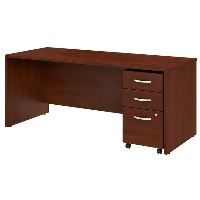 Choose the Studio C Office Desk with Mobile File Cabinet for a durable design that works hard for years and a fresh finish that looks great anywhere. With a thick surface, an extended modesty panel and clean lines, the Office Desk conveys a classic look but adds a contemporary finish to meet the style needs of the modern workspace.  Thermally fused laminate finish fends off scratches and stains to protect the office furniture set.  Office Desk surface offers space to spread out and integrated cable management to conceal computer cords.  Desktop weight capacity tested to support 200 lb.  Mobile File Cabinet locks to secure your letter, legal and A4 size paperwork with a file drawer gliding on smooth full-extension ball-bearing slides.  Mobile File Cabinet includes 2 box drawers with 1 file drawer and rolls wherever you need it.  File drawer weight capacity tested to support 37 lb.  Available in your choice of several contemporary and traditional finishes to fit any work environment.  Brushed Nickel hardware complements the finish.  Commercial quality backed by the Bush Business Furniture 10-Year Manufacturers Warranty. For additional information, please visit: www.bushbusinessfurniture.com/ReturnsExchanges  Standard Delivery Service. Furniture is delivered unassembled.  Tested to meet ANSI/BIFMA Performance Standards - Manufacturer testing has been conducted on this product to meet specific performance requirements and safety standards set forth by the American National Standards Institute (ANSI) and the Business and Institutional Furniture Manufacturers.  This product is heavy and/or oversized and may need more than one person to handle.
