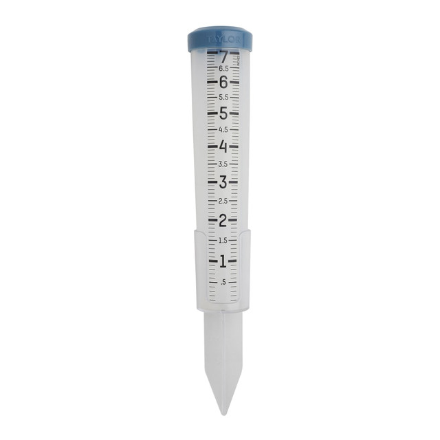 Monitor rainfall with the Taylor Precision Products 7in-Capacity Silicone Rain Gauge. The gauge is made of silicone for durability, and it has 1/10in increments for precision measuring.  1/10in precision measurement increments.  Made of durable silicone.  Includes removable ground stake and brackets.