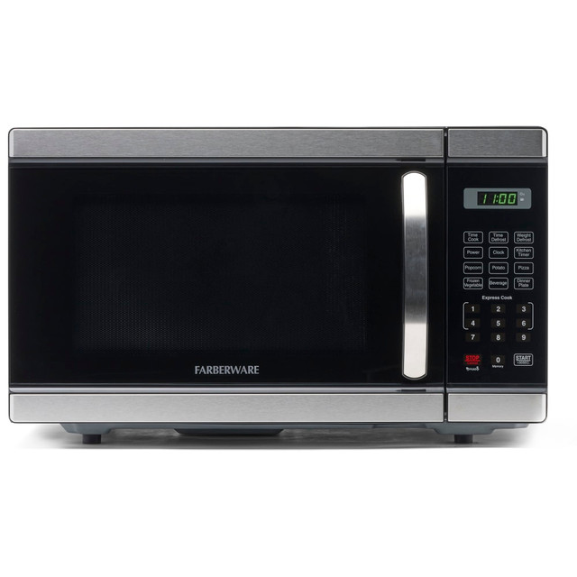 Prepare a meal, defrost a chicken or pop some popcorn all with the Farberware Professional 1.1 Cu. Ft. Microwave Oven. With 10 power levels and 6 cooking programs you can choose the exact settings that work for your meal.  10 power levels offer ample heating options.  12-1/2in glass turntable allows for even cooking.  6 cooking programs: Popcorn, Potato, Pizza, Frozen Vegetable, Beverage and Dinner Plate.  Cook with a touch of a button by touching the number pad, 1 through 6 minutes.  Defrost by weight or by time settings.  Blue LED display lights up the digital clock and highlights each cooking setting.  Lock the control panel using the child safety lock option to prevent accidental use or access by children  Backed by the manufacturers 1-year limited warranty.