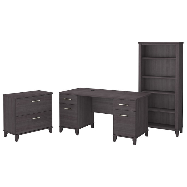 The Somerset Office Desk with Hutch and 5 Shelf Bookcase offers a comprehensive workspace that combines the best of traditional and modern design. A perfect choice for those who value style as well as function, this furniture set provides an expansive desktop and all the storage you need to keep important work materials organized and accessible.  Bundle includes: 60inW Office Desk, Lateral File Cabinet, 5 Shelf Bookcase.  Assembled Dimensions: 59-5/16inW x 29-1/2inD x 65-1/4inH  Durable 60inW surface extends over the edge to provide a place for guests to pull up a chair.  Worksurface weight capacity tested to support 200 lb.  File drawers open on full-extension ball bearing slides and hold legal and letter sized documents.  File drawer weight capacity tested to support 60 lb.  Two box drawers store office supplies.  Office Desk includes wire management slots for keeping cords and cables out of the way.  2 Drawer Lateral File Cabinet has interlocking mechanism to reduce the likelihood of tipping.  Bookcase utilizes two fixed shelves for stability and three adjustable shelves for versatile organization.  Bookshelf weight capacity tested to support 84 lb.  Meets ANSI/SOHO test standards for performance and safety.  Assembly Required.  Standard Delivery Service. Furniture is delivered unassembled.  Backed by the Bush Furniture 6-Year Manufacturers Warranty. For additional information, please visit: www.bushfurniture.com/ReturnsExchanges  This product is heavy and/or oversized and may need more than one person to handle.