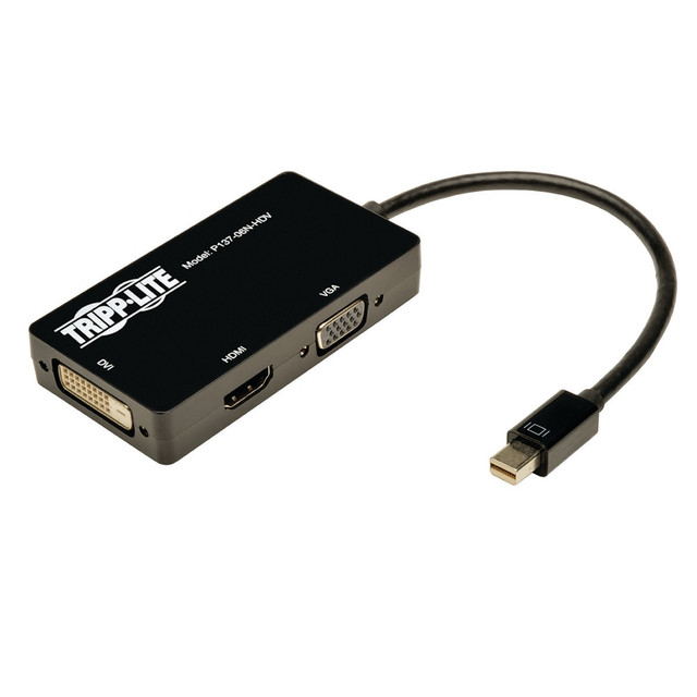 Tripp Lites P137-06N-HDV allows you to convert your computers Mini DisplayPort or Thunderbolt to a VGA, DVI, or HDMI monitor as an all-in-one, compact adapter. Ideal for Thunderbolt /Mini DisplayPort equipped laptops, Chromebooks, MacBooks and Microsoft Surface. Mac 10.11, Windows 10 Compatible.  This passive, plug-and-play adapter requires no external power, drivers, or software, and supports video resolutions up to 1920 x 1200, or HD video resolutions up to 1920 x 1080 (1080p).  Compatible with the Thunderbolt port on MAC computers such as MacBook Pro and MacBook Air.