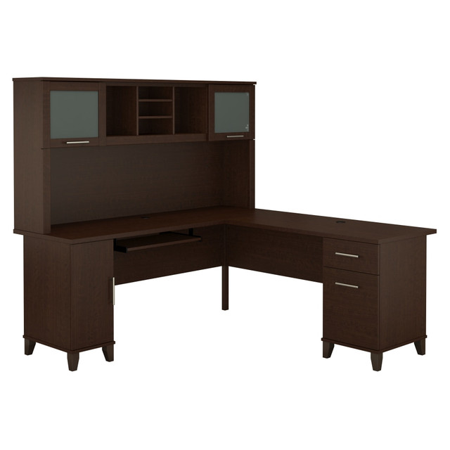 Make a professional statement and maximize your home office capabilities with the Somerset L Shaped Desk with Hutch. The beautiful and functional corner desk design includes a vertical storage cabinet for binders, manuals or supplies. This expansive workspace allows plenty of room to complete large projects and storage solutions to stay organized.  Bundle includes: L-Shaped Desk and Hutch.  Constructed of laminate over engineered wood.  Expansive surface provides plenty of room for computer, phone, printer and more.  Pull-out keyboard or laptop tray, pedestals and Hutch mount on left or right side for configuration flexibility.  Concealed storage cabinet for a computer tower or supplies, with rear wire access.  Box drawer stores office supplies.  File drawer glides on smooth ball bearing slides and accommodates letter-size documents.  Hutch has closed storage areas with lift-up frosted glass doors.  Open compartments in Hutch for books, binders or decorations.  Bush L Shaped Desk with Hutch Meets ANSI/SOHO test standards for safety.  Desktop weight capacity tested to support 200 lbs.  File drawers weight capacity tested to support 20 lbs.  Backed by the Bush Furniture 6-Year Manufacturers Warranty. For additional information, please visit http://www.bushfurniture.com/ReturnsExchanges.aspx  Assembly required.  Standard Delivery Service. Furniture is delivered unassembled.  This product is heavy and/or oversized and may need more than one person to handle.