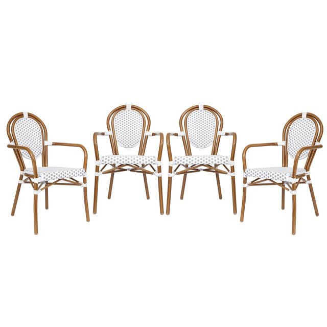 Bring the feel of Paris to your bistro or backyard with this set of four commercial grade indoor/outdoor bistro chairs.  Set of 4 Classic Commercial Grade Indoor/Outdoor Bistro Chairs  Fade Resistant PE Rattan Thonet-Style Backs and Seats  Metal Frames Will Not Rust  Hold up to 400 LBS. Static Weight Capacity  Fixed Floor Glides Protect Indoor Flooring Surfaces  Recommended Stacking Quantity is 5 Chairs High  No Assembly Required  Wipe Clean with a Damp Cloth
