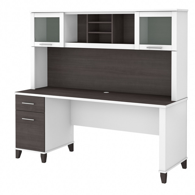 With a large work surface and plenty of storage for important documents and supplies, the Somerset 72W Office Desk with Hutch presents an ideal workspace solution for those who value style as well as function. Transitional styling that includes tapered legs, contemporary metal hardware and an elegant finish excels in a home or professional office.  Bundle includes: 72inW Office Desk with Drawers, 72inW Hutch  Assembled Dimensions: 71inW x 23-2/3inD x 65inH  Spacious 72inW work surface offers plenty of room to spread out with a computer and paperwork.  Worksurface weight capacity tested to support 200 lb.  Desktop includes a convenient wire management grommet to keep cords and cables out of the way.  File drawer opens on full-extension ball bearing slides and accepts legal and letter size documents.  File drawer weight capacity tested to support 60 lb.  Hutch attaches to the desktop and features 2 lift-up frosted glass doors for concealed storage.  Hutch has open compartments with 2 adjustable shelves for books, binders, decorations and more.  Computer desks box drawer provides storage for office supplies and utensils.  Tested to meet ANSI/SOHO standards for safety and performance.  Assembly Required.  Standard Delivery Service. Furniture is delivered unassembled.  Backed by the Bush Furniture 6-Year Manufacturers Warranty. For additional information, please visit:www.bushfurniture.com/ReturnsExchanges  This product is heavy and/or oversized and may need more than one person to handle.