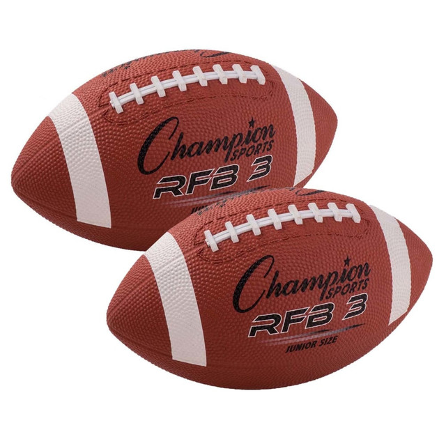 Learn the mechanics of football with the Champion Sports Rubber Footballs. The 2-ply butyl bladders provide an increase in air retention, while the rubber covers are water-resistant for lasting use.  2-ply butyl bladders deliver increased air retention.  Water-resistant rubber covers afford durability.  Suitable for indoor/outdoor play across most surfaces.  Junior size offers firm handling for small hands.