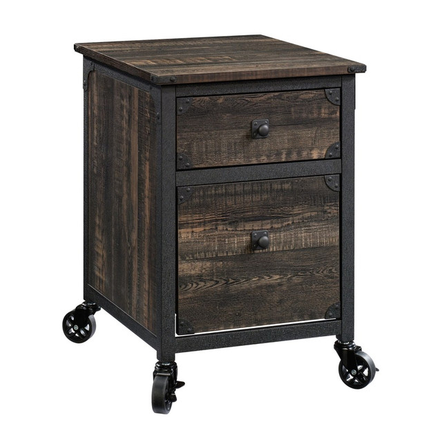 Give your office with the storage it needs to run productively. This Sauder Steel River file cabinet has a storage drawer for extra pens and note pads as well as a file drawer that accepts hanging letter-size files. Full-extension slides make it easy to reach paperwork toward the back, and casters allow you to position this file cabinet wherever its needed most. With its rustic-inspired design, this Sauder vertical file makes a beautiful addition to most any decor.  Engineered wood with a powder-coat metal frame and corner accents.  Top storage drawer with metal runners and safety stops.  Lower file drawer with full-extension slides.  Holds letter-size hanging files.  Casters (2 locking) for mobility.  Assembly required.