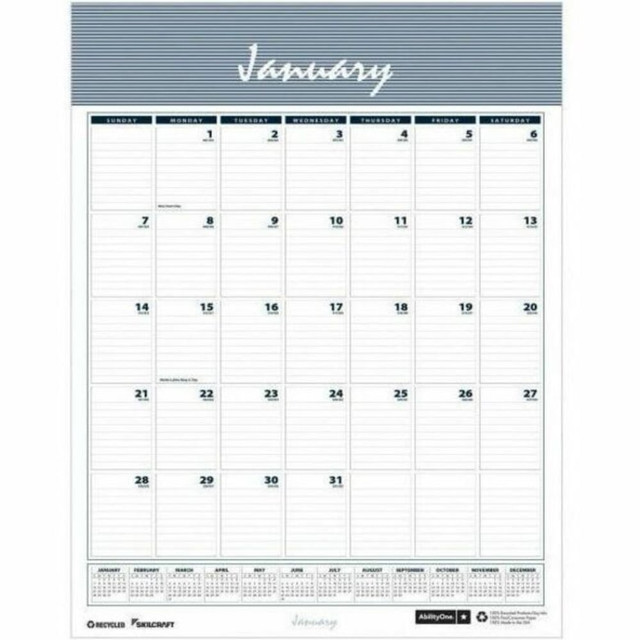 Monthly wall calendar displays your schedule at a glance with large, ruled daily squares on each month. Dated planning pages range 12 months from January to December. One-page-per-month format includes daily blocks, Sunday-through-Saturday scheduling, holidays, count of days/days remaining and a 12-month reference calendar on the bottom. Top wire binding includes a hanger for easy hanging. Nonrefillable calendar is made using 100 percent post-consumer, recycled paper and printed with blue and gray soy ink.