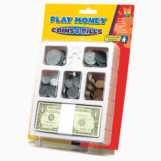 Great for activities that build money math skills. Use in imaginative play, too. Features actual-size pretend coins and bills that help students learn to recognize different denominations.  Supports activities focusing on addition, subtraction and making change.  Includes 30 pennies, 30 nickels, 20 dimes, 15 quarters, 5 half-dollars, 30 $1 bills, 20 $5 bills, 20 $10 bills, 15 $20 bills, 10 $50 bills and 5 $100 bills.  All coins are plastic and bills are sturdy paper.  Stores all pieces in plastic sectioned tray.  Grades K+.  Choking Hazard - Not suitable for children 3 years and under.