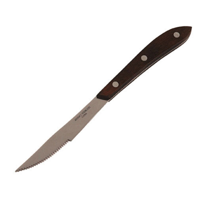 Well done or rare, you can carve your steak with these durable knives. Each knife features a 4 1/4in stainless-steel blade for rugged strength, while the wood handle ensures a solid grip.  Stainless-steel blade for durability and easy cleaning.  Wood handle adds strength and style.  4 1/4in blade length enables easy carving of meat.