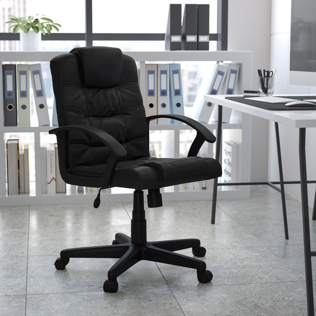 When you have a list of projects piling up on your desk, you need a chair that will keep up with you..insert your new Leathersoft Task Office Chair.  Contemporary Task Office Chair  LeatherSoft Upholstery  Mid-Back Design  Tilt Lock Mechanism rocks/tilts the chair and locks in an upright position  Tilt Tension Adjustment Knob adjusts the chairs backward tilt resistance  CA117 Fire Retardant Foam  Swivel Seat  Pneumatic Seat Height Adjustment  Nylon Arms  Heavy Duty Nylon Base  Dual Wheel Casters  LeatherSoft is leather and polyurethane for added Softness and Durability  Tested to meet ANSI/BIFMA Performance Standards - Manufacturer testing has been conducted on this product to meet specific performance requirements and safety standards set forth by the American National Standards Institute (ANSI) and the Business and Institutional Furniture Manufacturers.  Faux Leather is a synthetic material. See specs for details.