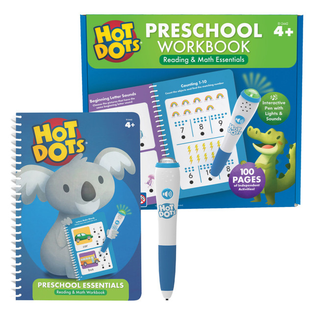 The Hot Dots Preschool Workbook helps kids develop key reading and math skills with engaging, interactive activities. This set includes two spiral-bound activity books, each with 50 pages of foundational content, and a Hot Dots pen that provides instant audio and visual feedback. Perfect for independent, self-paced learning at home or on the go, it supports essential preschool skills such as letter recognition, letter sounds, counting, and numbers.  Interactive Hot Dots pen with light and sound effects for immediate feedback  Includes two spiral-bound activity books with 50 pages of activities each  Activities cover letter recognition, letter sounds, counting, numbers, and more  Pen features a mute button for quiet learning  Supports independent learning, boosting academic confidence and encouraging self-paced practice  Ideal for at-home or on-the-go learning with a portable, self-contained set  Requires 2 AAA batteries (not included) for the Hot Dots pen