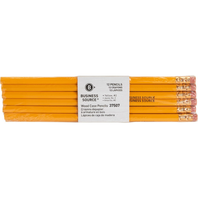 Sketch or jot down notes and ideas with this yellow Business Sources wood-case pencil. The rounded, hexagonal shape offers comfortable handling for flawless writing, while the latex-free erase helps you correct errors. Universal #2 leads are ideal for standardized tests. This Business Sources wood-case pencil feature a wooden barrel for enduring quality and arrives in a pack of 12 for ample supply.  # 2 lead for clear, legible text and standardized testing.  Hexagonal and rounded shape for easy handling and optimal comfort.  Latex-free eraser helps minimize smudging.  Includes a pack of 12 pencils to meet writing needs.