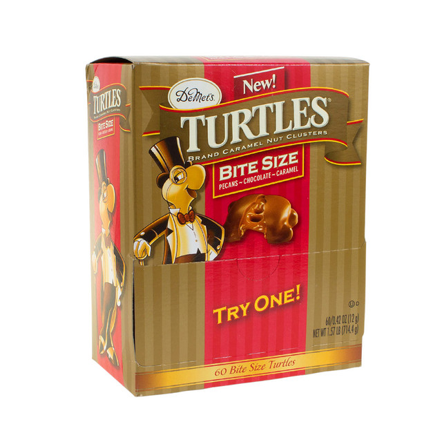 A mix of sweet and nutty flavors thats great for special events  Contains milk chocolate, caramel and pecan ingredients for a tasty snack.  Kosher certified for special dietary considerations.  Individually wrapped, bite-sized Turtles are great for single-serve snacking, grab-and-go lunches or for placement in a classic candy dish.