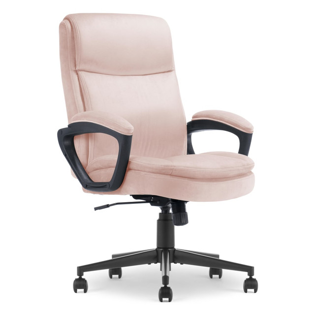 The Serta Comfort Ergo Executive Office Chair is an ideal chair if you"re looking for something comfortable with a polished look. Its plush, velvet fabric upholstery and minimalist ergonomic design gives a professional touch to any executive office space. Provided with optimal cushion support, this ergonomic office chair is tailored to suit your comfort preferences. You can instantly change the chair height or lock the recline with the easy-touch lever or personalize the recline with adjustable tilt tension. Easily pivot and glide across the room with the chair"s 360 deg. swivel casters and lightweight, supportive metal base. Elevate your office space with style and comfortability when you add the Serta Comfort Ergo Executive Office Chair.  Plush velvet fabric upholstery.  Head, neck and back support cushions.  Layered foam seat cushion.  Easy-to-use control lever for height and recline lockout adjustments.  Adjustable office chair features tilt tension to personalize the recline.  Ergonomic padded armrests.  Lightweight and durable metal base.  Dynamic 360 deg. dual-wheel swivel casters glide across most carpet types.  Overall Dimensions: 45inH x 27inW x 31inD.  Weight capacity tested to support 275 lb.  Casters are intended for use on carpet and are not recommended for use on tile or hardwood floors.  Backed by the manufacturers 1-year limited warranty.  Tested to meet ANSI/BIFMA Performance Standards - Manufacturer testing has been conducted on this product to meet specific performance requirements and safety standards set forth by the American National Standards Institute (ANSI) and the Business and Institutional Furniture Manufacturers.