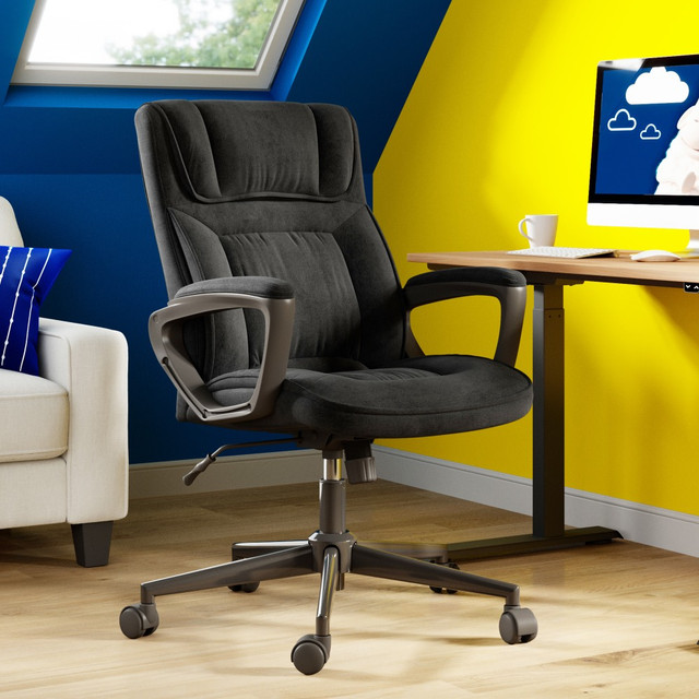 With a great blend of form and function, this high-back chair makes a stylish and comfortable addition to virtually any office or home. The adjustable design makes it suitable for areas where multiple users sit during the day.  Overall Dimensions: 44inH x 24 3/4inW x 28 3/4inD.  Weight capacity tested to support 250 lb.  Lumbar feature supports your lower back and enhances the natural curve of your spine.  Waterfall seat cushion slopes slightly downward to help reduce stress on your legs.  Soft, plush cushions help you stay relaxed during a busy day.  Pneumatic adjustments help you find just the right height.  Adjustable recline tension allows you to lean back and take a quick break.  Padded armrests offer added support for your shoulders and forearms as you work.  Sturdy 360 deg. casters allow easy movement on virtually any type of surface.  Assembly required.  Microfiber upholstery provides a soft, touchable feel.  Tested to meet ANSI/BIFMA Performance Standards - Manufacturer testing has been conducted on this product to meet specific performance requirements and safety standards set forth by the American National Standards Institute (ANSI) and the Business and Institutional Furniture Manufacturers.