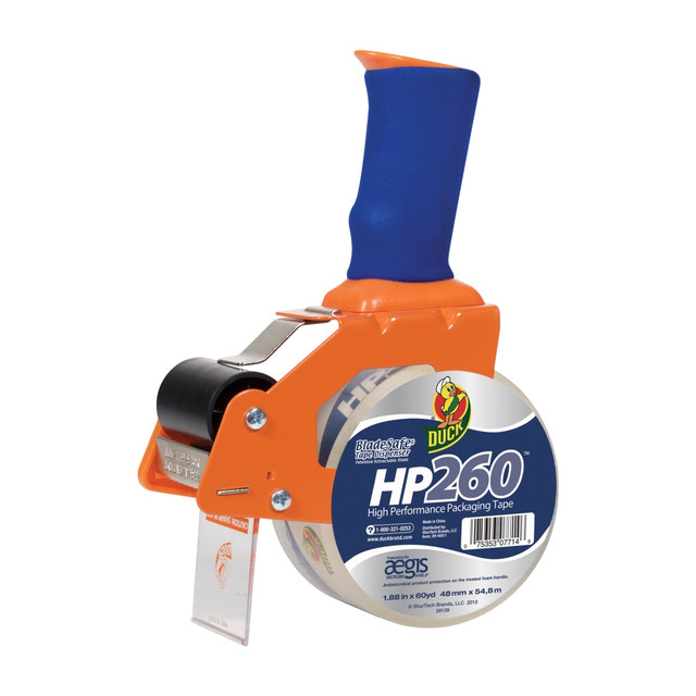 This tape gun offers heavy-packaging tape users the protection from cutting themselves on the job. The foam handle makes it comfortable and frustration-free while you're shipping and packaging your items.  BladeSafe retractable blade helps prevent hand and finger injuries.  Includes one roll of HP260 commercial high performance tape. Designed to meet the demands of heavy-duty box shipping and long-term storage applications.  Designed for use with most packing tape rolls.  Meets U.S. Postal regulations.  Anti-microbial foam handle.  Antimicrobial is an agent that kills microorganisms or stops their growth.