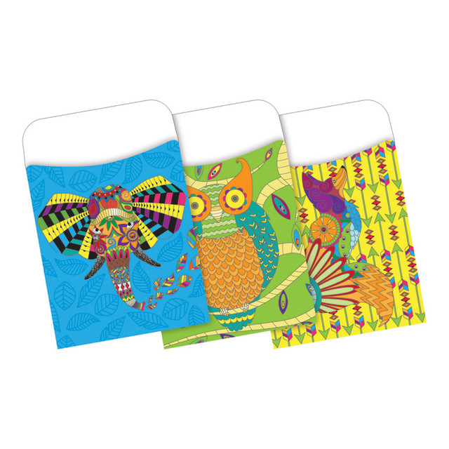Make organization a part of your daily schedule with these adhesive library pockets. Designed to hold standard 3in x 5in index cards, these Barker Creek peel-and-stick library pockets add style to your classroom.  This fun pattern brings a touch of style to your classroom essentials.  2 peel-and-stick strips on each pocket adhere to file folders, binders, charts, signs and more.  Pockets hold 3in x 5in index cards, flash cards, hall passes, file folder game pieces, spelling word lists, library cards and reading logs to organize the classroom.  Bohemian animals design adds an attention-grabbing look.  Library pockets in a pack of 30 to offer a spot for each student.