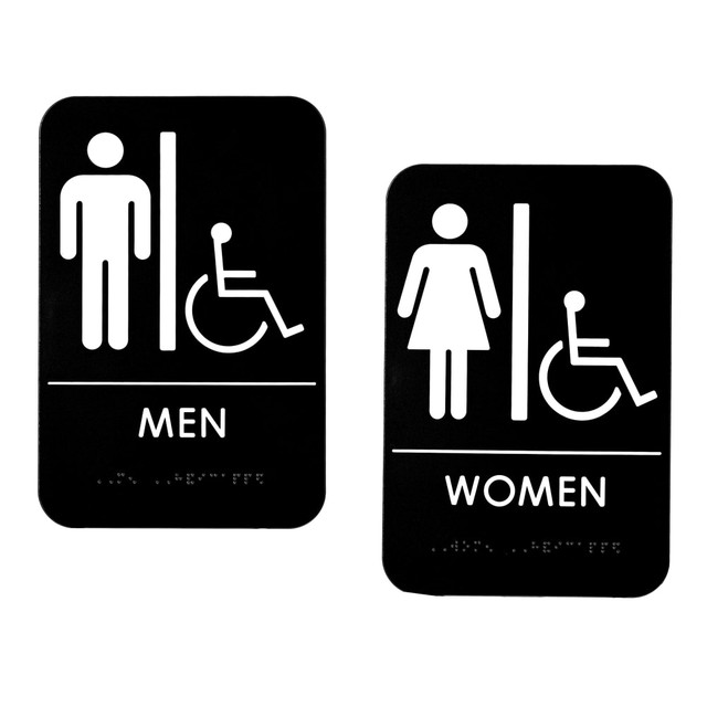 Hang these Alpine Men And Women Handicapped Restroom Signs in your establishment to mark the locations of your facilities. The ADA-compliant signs mount to the wall easily thanks to the self-adhesive backing.  Designed to help guests identify the facilities in your establishment.  Constructed from ABS for rugged strength.  Mounts to your wall with the self-adhesive backing.  Designed with raised Braille text.  ADA-compliant design.  14 signs to help clearly mark your restrooms.