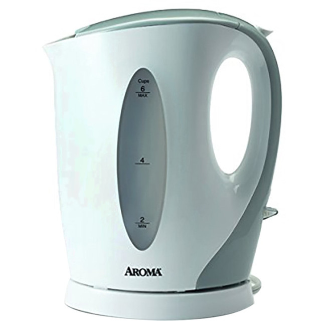 Prepare a quick cup of tea with the Aroma AWK-105 1.5 Liter Electric Kettle. Easily serve and share your favorite beverages with cordless pouring and a trigger-release lid.  1-touch operation for ease of use.  Trigger-release lid for easy pouring.  Automatically switches off to help prevent overheating and dry-boiling.  Cordless design.  Backed by the manufacturers 1-year limited warranty.