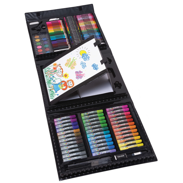 Your young artist will love the Art 101 Budding Artist Pop-Up Easel 150- Piece Doodle and Color Art Set. It comes with multiple utensils like markers, crayons, oil pastels and more. It is equipped with a built-in, pop-up easel for on-the-go use.  Set includes 36 markers, 24 crayons with fun names, 24 oil pastels, 24 colored pencils, 12 watercolor cakes, 1 sketch pencil and more.  Kid-friendly markers are short and wide for little hands to grip.  Water-based ink formula makes markers washable off non-porous surfaces.  Also comes with 20 drawing papers.  Equipped with a built-in, pop-up easel.  Included case easily folds up and organizes the included art supplies.