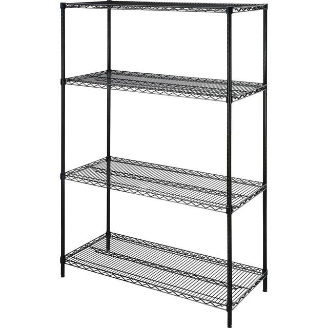 Supports up to 1,000 lbs. evenly distributed per shelf  Each shelf adjusts in 1in increments.  Made of steel with a powder-coat finish, 10-gauge shelf surface, 3-gauge frame, and 6-gauge wave pattern.  Easy collar-and-sleeve assembly requires no tools.  Starter unit includes 4 shelves and 4 posts.  Units can be expanded with use of add-on units and extra shelves. Add-on unit (sold separately) includes 4 shelves and 2 posts.