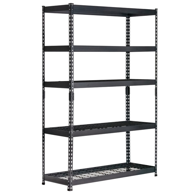 Solve your storage problems with the Edsal Muscle Rack Heavy Duty Boltless Steel Shelving Unit With Wire Decking. This unit is made of steel for durability, and it has an adjustable height to accommodate various storage needs. The chip-proof wire decking delivers increased airflow and visibility, while the boltless rivet-lock design allows for easy assembly.  Made of durable steel.  Boltless rivet-lock design allows for easy assembly.  Adjustable height accommodates various storage needs.  Chip-proof wire decking provides increased airflow and visibility and helps lower dust accumulation.  Includes post caps and post couplers.  Weight capacity tested to support 5000 lb (1000 lb per shelf).  Assembly required.  Backed by the manufacturer's 1-year limited warranty.  This product is heavy and/or oversized and may need more than one person to handle.