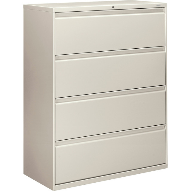 Drawers accommodate letter- or legal-size folders from side-to-side with included adjustable hangrails  Lateral file offers clean lines, reinforced case construction, dual side locks for security, and full-width, designer-style handles with magnetic label holders.  Baked enamel finish over rust-inhibiting, phosphate pretreatment adds more durability.  3-part, telescoping, ball-bearing suspension delivers smooth drawer operation.  Drawers are flush at the top and sides and feature drawer extension restraint.  Mechanical interlock allows only 1 drawer to open at a time.  Design also offers 4 adjustable leveling guides for stabilizing and HON One Key interchangeable core, removable locks. Lock mechanism secures both sides of drawers.  Certified by SCS to be in compliance with specific indoor air quality emission requirements.  BIFMA level 2 certified - reduced impact from multiple eco-attributes and/or social attributes. Ranked in three tiers: level 1, 2, or 3.  SCS Indoor Advantage certified - meets strict indoor air quality guidelines. Ranked in two tiers: Certified and Gold.  Tested to meet ANSI/BIFMA Performance Standards - Manufacturer testing has been conducted on this product to meet specific performance requirements and safety standards set forth by the American National Standards Institute (ANSI) and the Business and Institutional Furniture Manufacturers.  This product is heavy and/or oversized and may need more than one person to handle.  Less harsh chemicals - made with fewer harsh chemicals, or safer chemicals than typical alternatives, helping  reduce your use of and exposure to substances that may be more harmful to your health and the environment.  Contains Recycled Content - See Specs for Details.